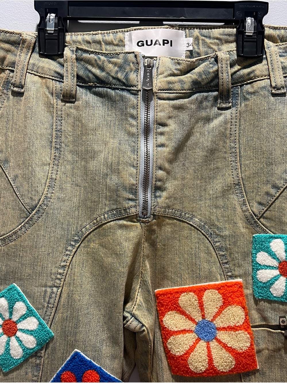 GUAPI Vintage Flowers Denim Stacked Jeans Men’s Size 34 Khaki Patchwork Flared - Picture 6 of 16